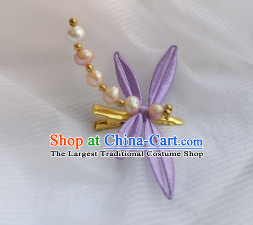 China Ming Dynasty Pearls Dragonfly Hair Stick Traditional Hanfu Hair Accessories Ancient Princess Lilac Silk Hairpin