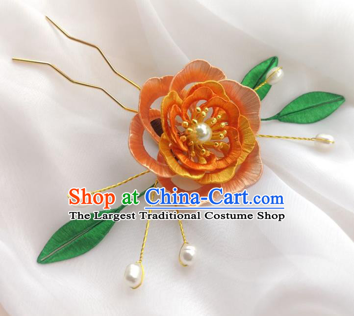 China Traditional Hanfu Hair Accessories Ancient Princess Pearls Hairpin Ming Dynasty Orange Silk Peony Hair Stick
