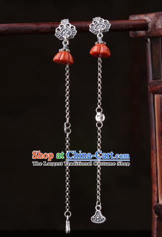 Chinese Classical Red Lotus Seedpod Ear Accessories Traditional Cheongsam Silver Long Tassel Earrings