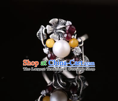 Handmade Chinese Pearl Ring Jewelry Traditional National Garnet Silver Circlet