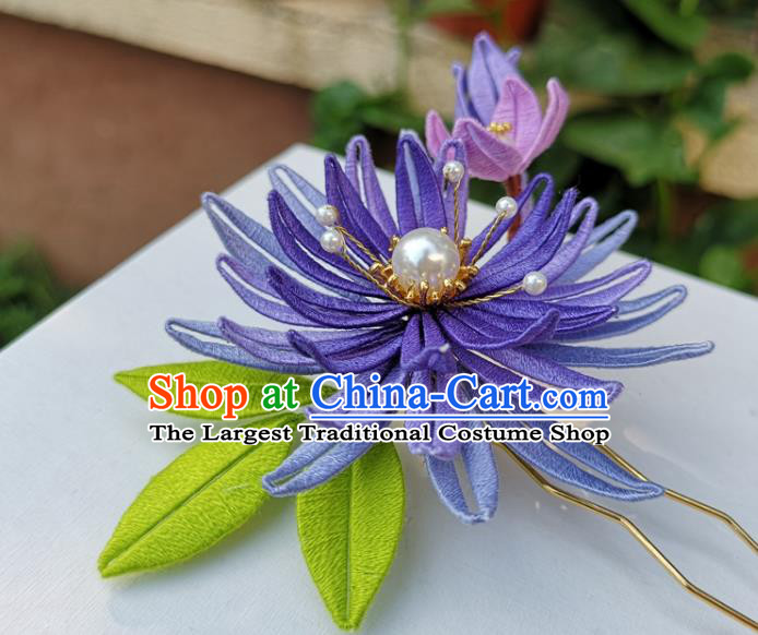 China Ancient Princess Hairpin Traditional Ming Dynasty Purple Silk Epiphyllum Hair Stick
