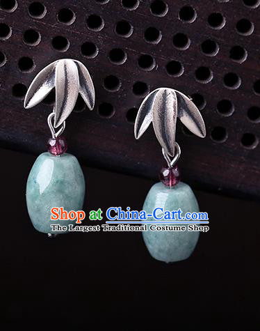 Chinese Classical Silver Bamboo Leaf Ear Accessories Traditional Cheongsam Jade Earrings