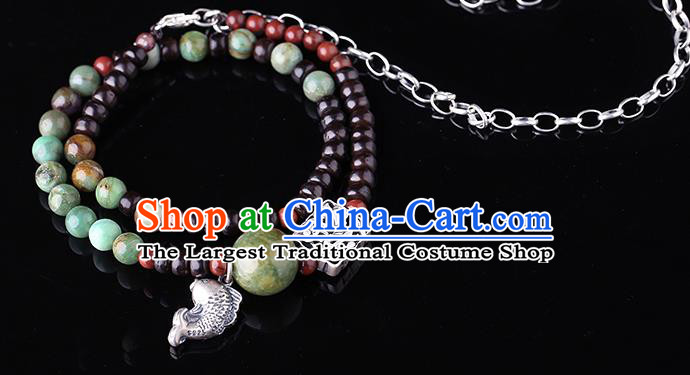 Handmade Chinese Garnet Beads Bangle Jewelry Traditional National Silver Fish Bracelet Wristlet