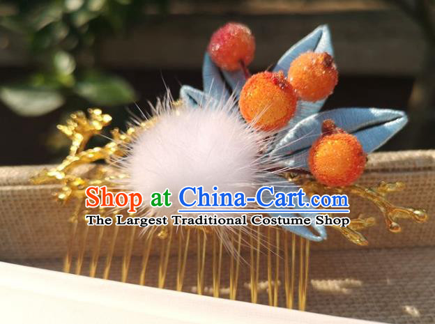 China Traditional Ancient Princess Blue Silk Bamboo Leaf Hairpin Ming Dynasty Orange Berry Hair Comb