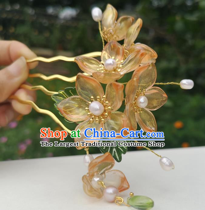 China Ming Dynasty Orange Plum Blossom Hair Stick Traditional Ancient Princess Hairpin Hanfu Hair Accessories