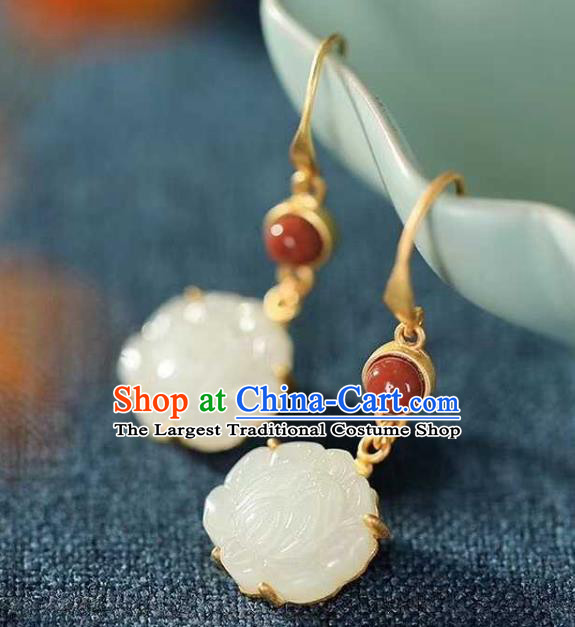 Handmade Chinese White Jade Lotus Ear Accessories Traditional Cheongsam Agate Earrings