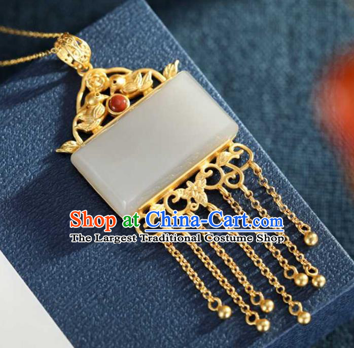 China Classical Cheongsam Golden Tassel Pendant Accessories Traditional White Jade Necklace