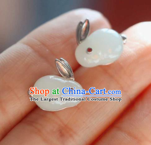 Handmade Chinese Hetian Jade Rabbit Ear Accessories Traditional Silver Earrings