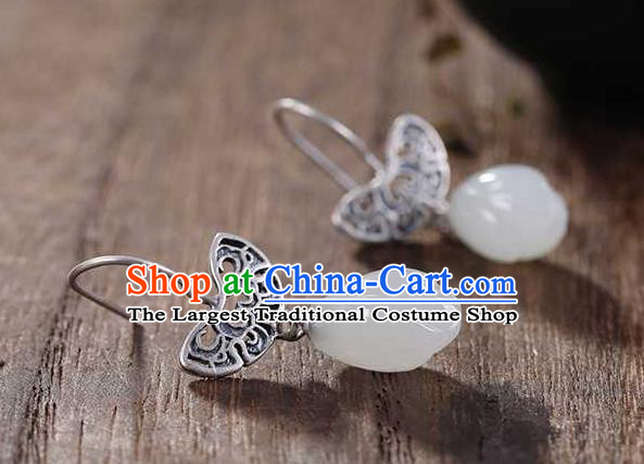 Handmade Chinese Silver Ear Accessories Traditional Cheongsam Jade Mangnolia Earrings