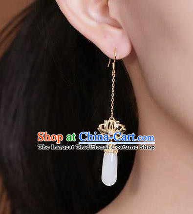 Handmade Chinese National Jade Ear Accessories Traditional Cheongsam Golden Lotus Earrings