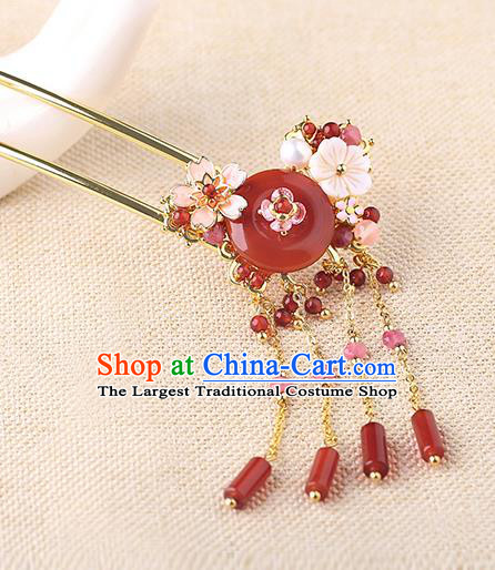 China Classical Agate Tassel Hair Stick Traditional Cheongsam Hair Accessories Handmade Pink Sakura Hairpin