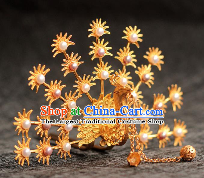 China Ancient Empress Pearls Hair Crown Traditional Hair Accessories Ming Dynasty Golden Phoenix Hairpin