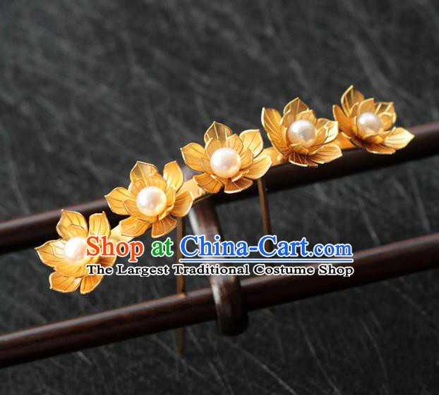 China Ancient Empress Pearls Hair Stick Traditional Hair Accessories Ming Dynasty Golden Lotus Hairpin