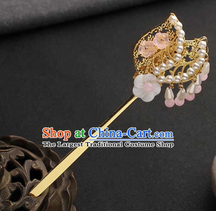 China Traditional Hanfu Shell Plum Hair Stick Ancient Ming Dynasty Princess Golden Hairpin