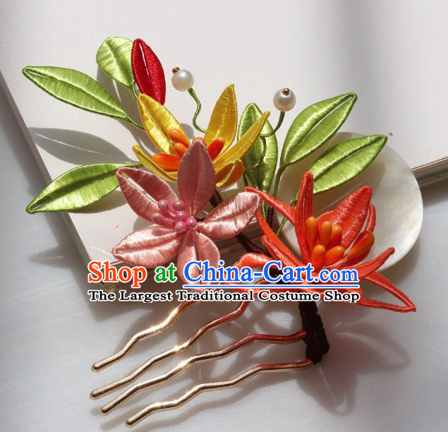 China Traditional Hanfu Silk Flowers Hair Comb Ancient Ming Dynasty Princess Lily Flowers Hairpin