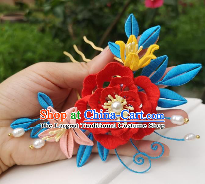 China Traditional Hanfu Red Silk Peony Hair Comb Ancient Ming Dynasty Princess Hairpin