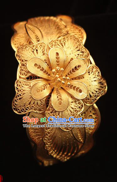 Handmade Chinese Ancient Palace Filigree Peony Bangle Jewelry Traditional Ming Dynasty Golden Bracelet