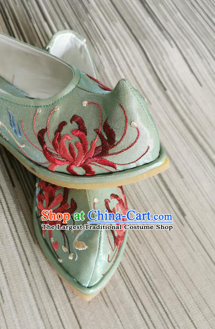 Handmade Chinese Embroidered Green Shoes Traditional Ming Dynasty Hanfu Shoes Satin Shoes Bow Shoes