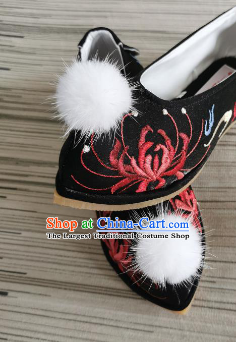Handmade Chinese Satin Shoes Black Embroidered Shoes Traditional Ming Dynasty Hanfu Shoes