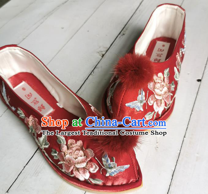 Handmade Chinese Wedding Red Satin Shoes Embroidered Shoes Ancient Princess Shoes Traditional Hanfu Bow Shoes