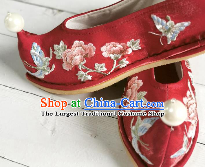Handmade Chinese Wedding Red Satin Shoes Embroidered Shoes Ancient Princess Shoes Traditional Hanfu Bow Shoes
