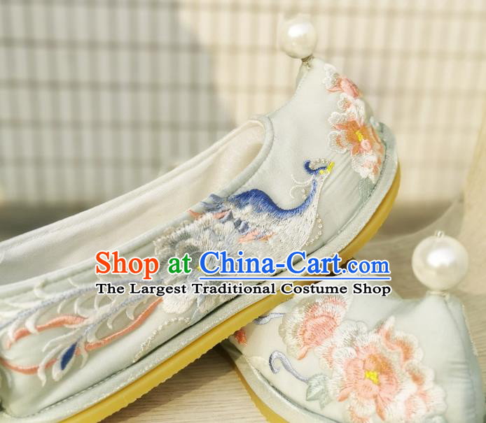 Handmade Chinese Embroidered Phoenix Peony Shoes Ancient Princess Shoes Traditional Hanfu Light Green Satin Bow Shoes