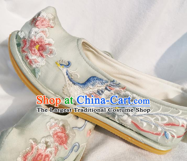 Handmade Chinese Embroidered Phoenix Peony Shoes Ancient Princess Shoes Traditional Hanfu Light Green Satin Bow Shoes