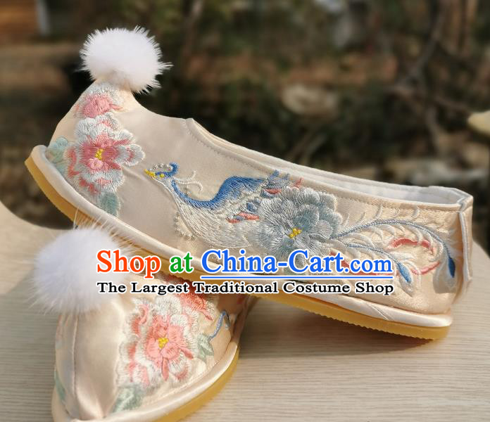 Handmade Chinese Traditional Hanfu Light Golden Satin Bow Shoes Embroidered Phoenix Peony Shoes Ancient Princess Shoes