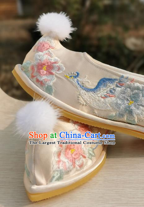 Handmade Chinese Traditional Hanfu Light Golden Satin Bow Shoes Embroidered Phoenix Peony Shoes Ancient Princess Shoes