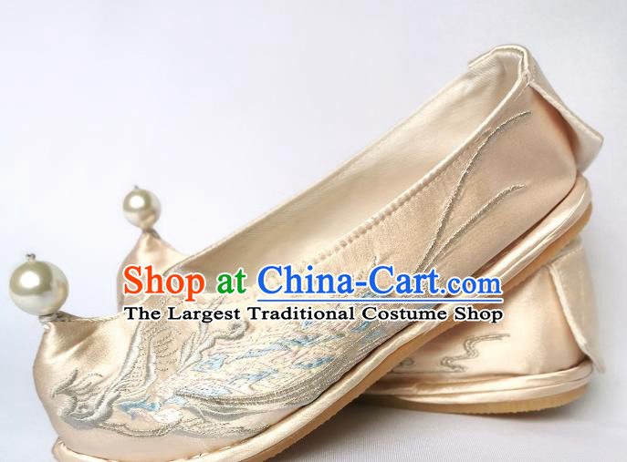 Handmade Chinese Embroidered Phoenix Shoes Light Golden Satin Bow Shoes Traditional Hanfu Shoes