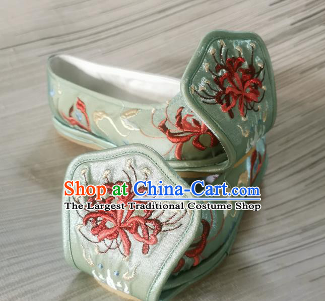 Handmade Chinese Princess Shoes Bow Shoes Embroidered Shoes Traditional Han Dynasty Green Satin Shoes