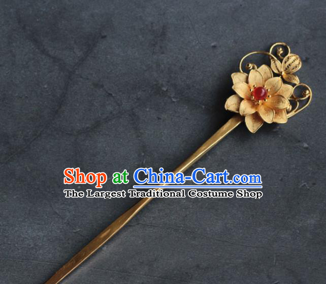 China Ming Dynasty Golden Lotus Hairpin Traditional Hair Accessories Ancient Princess Hair Stick