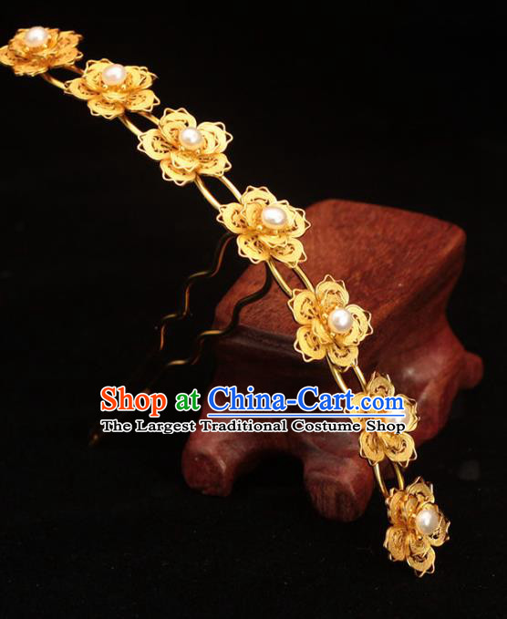 China Ancient Empress Golden Plum Hair Crown Traditional Hair Accessories Ming Dynasty Pearls Hairpin