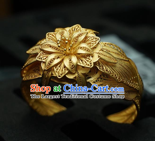 Handmade Chinese Ancient Empress Filigree Jewelry Traditional Ming Dynasty Court Golden Bracelet