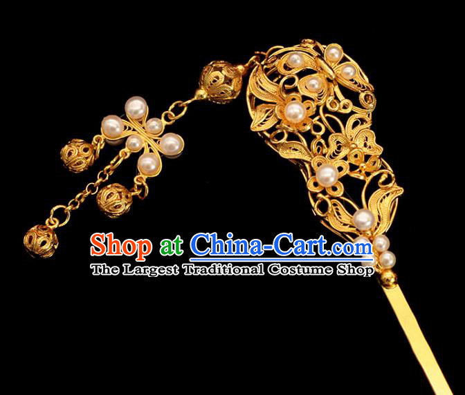 Traditional China Ming Dynasty Empress Golden Hair Stick Ancient Court Woman Pearls Tassel Hairpin