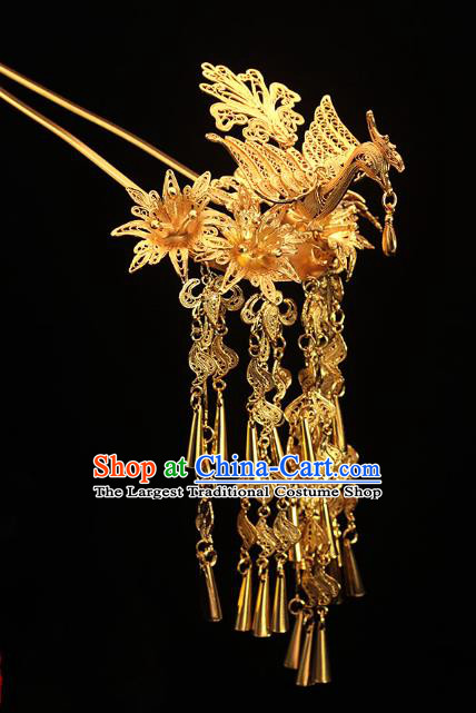 China Ancient Empress Filigree Phoenix Hair Stick Traditional Hair Accessories Ming Dynasty Queen Golden Tassel Hairpin