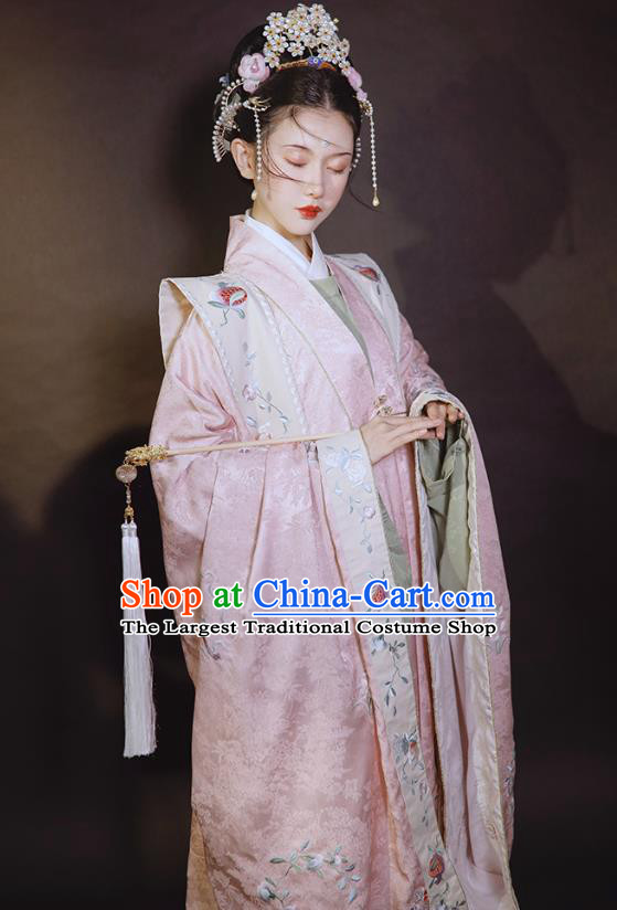 China Ancient Ming Dynasty Wedding Historical Clothing Traditional Court Concubine Embroidered Pink Hanfu Dress