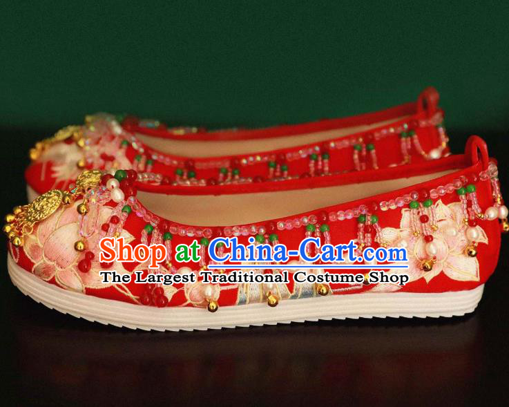 Handmade Chinese Embroidered Lotus Shoes Ancient Princess Red Shoes Traditional Hanfu Wedding Shoes