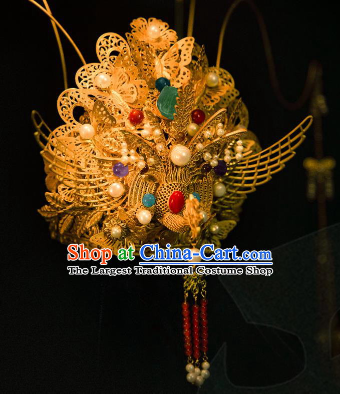 China Ancient Traditional Wedding Hair Accessories Empress Golden Hair Crown Ming Dynasty Phoenix Coronet