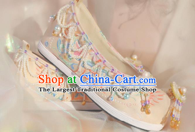 Handmade Chinese Traditional Hanfu Beads Tassel Shoes Ancient Princess Satin Shoes Beige Embroidered Shoes