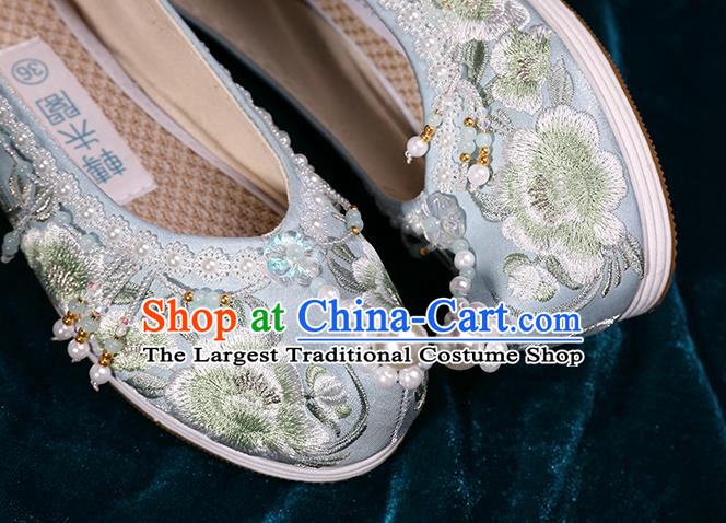 Chinese Hanfu Pearls Shoes Traditional Embroidered Peony Shoes Handmade Blue Satin Shoes