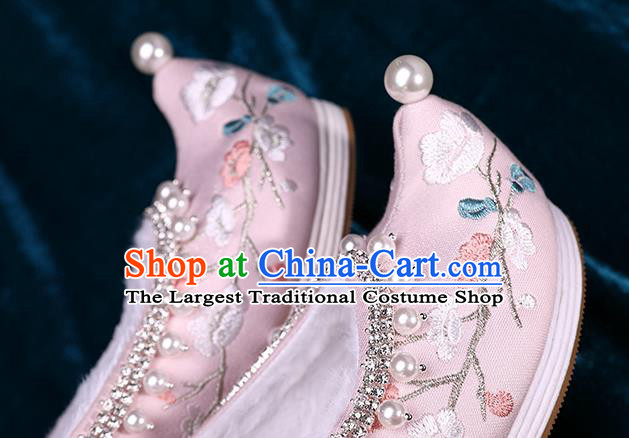 Chinese Traditional Embroidered Plum Blossom Shoes Handmade Pearls Shoes Ancient Princess Pink Satin Shoes