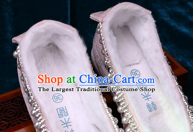 Chinese Traditional Embroidered Plum Blossom Shoes Handmade Pearls Shoes Ancient Princess Pink Satin Shoes