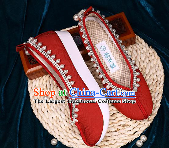 Chinese Handmade Wedding Red Cloth Shoes Ancient Princess Shoes Traditional Hanfu Pearls Shoes