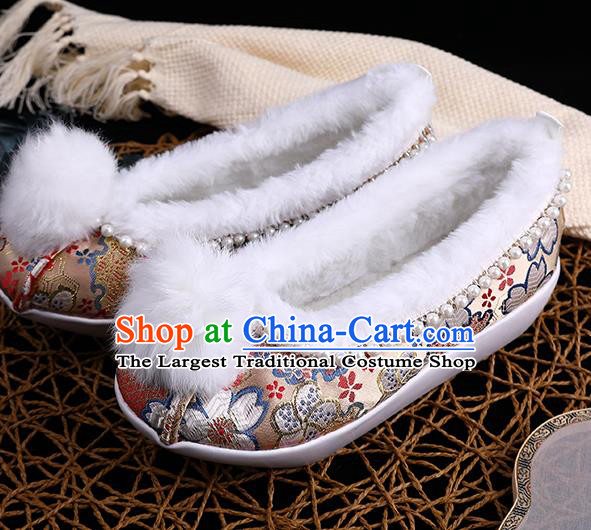 Chinese Traditional Hanfu Winter Shoes Ancient Princess Shoes Handmade Golden Brocade Shoes