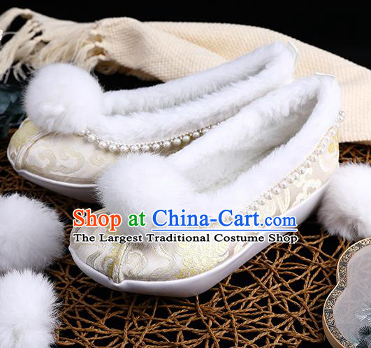 Chinese Ancient Princess Shoes Handmade Beige Brocade Shoes Traditional Hanfu Winter Shoes