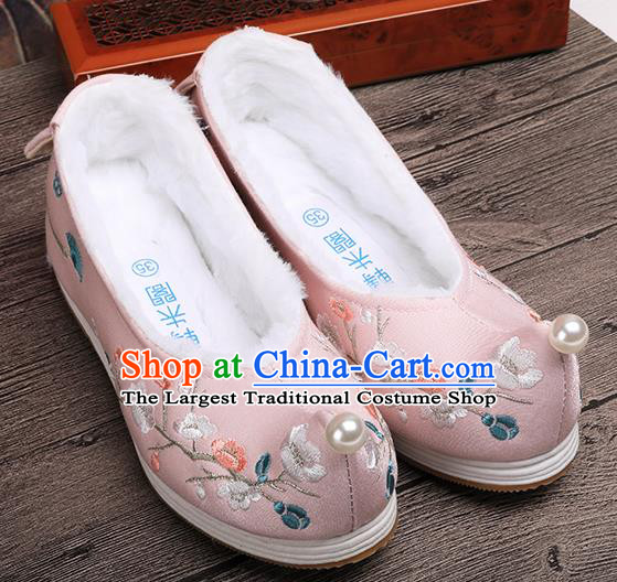 Chinese Traditional Hanfu Winter Shoes Ancient Princess Shoes Handmade Embroidered Plum Blossom Pink Shoes