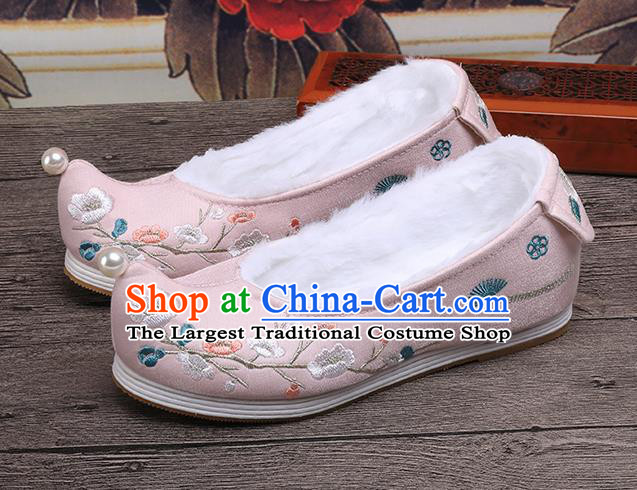 Chinese Traditional Hanfu Winter Shoes Ancient Princess Shoes Handmade Embroidered Plum Blossom Pink Shoes