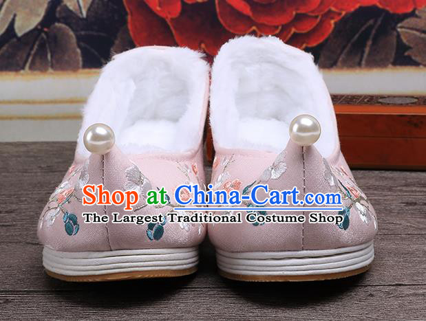 Chinese Traditional Hanfu Winter Shoes Ancient Princess Shoes Handmade Embroidered Plum Blossom Pink Shoes