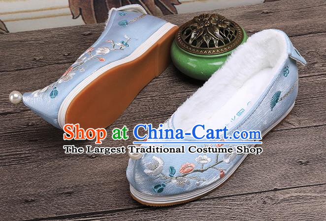 Chinese Ancient Princess Shoes Handmade Embroidered Plum Blossom Blue Shoes Traditional Hanfu Winter Shoes